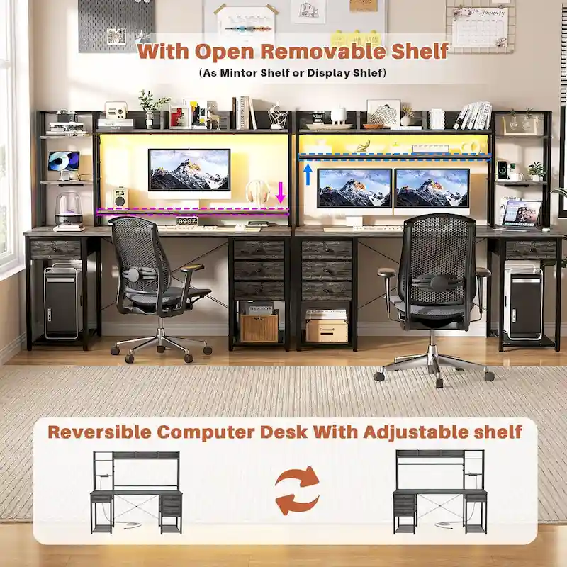 Gaming Desk with Hutch and Drawers, Office Computer Desk with Charge Station and LED Light