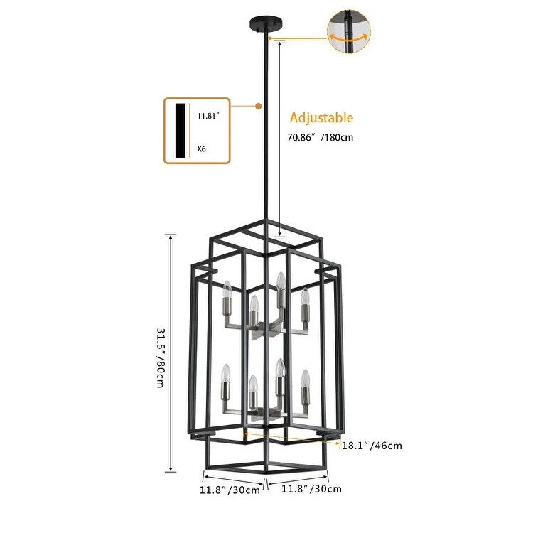 Black 8-Light Industrial Rectangle Iron Frame Pendant