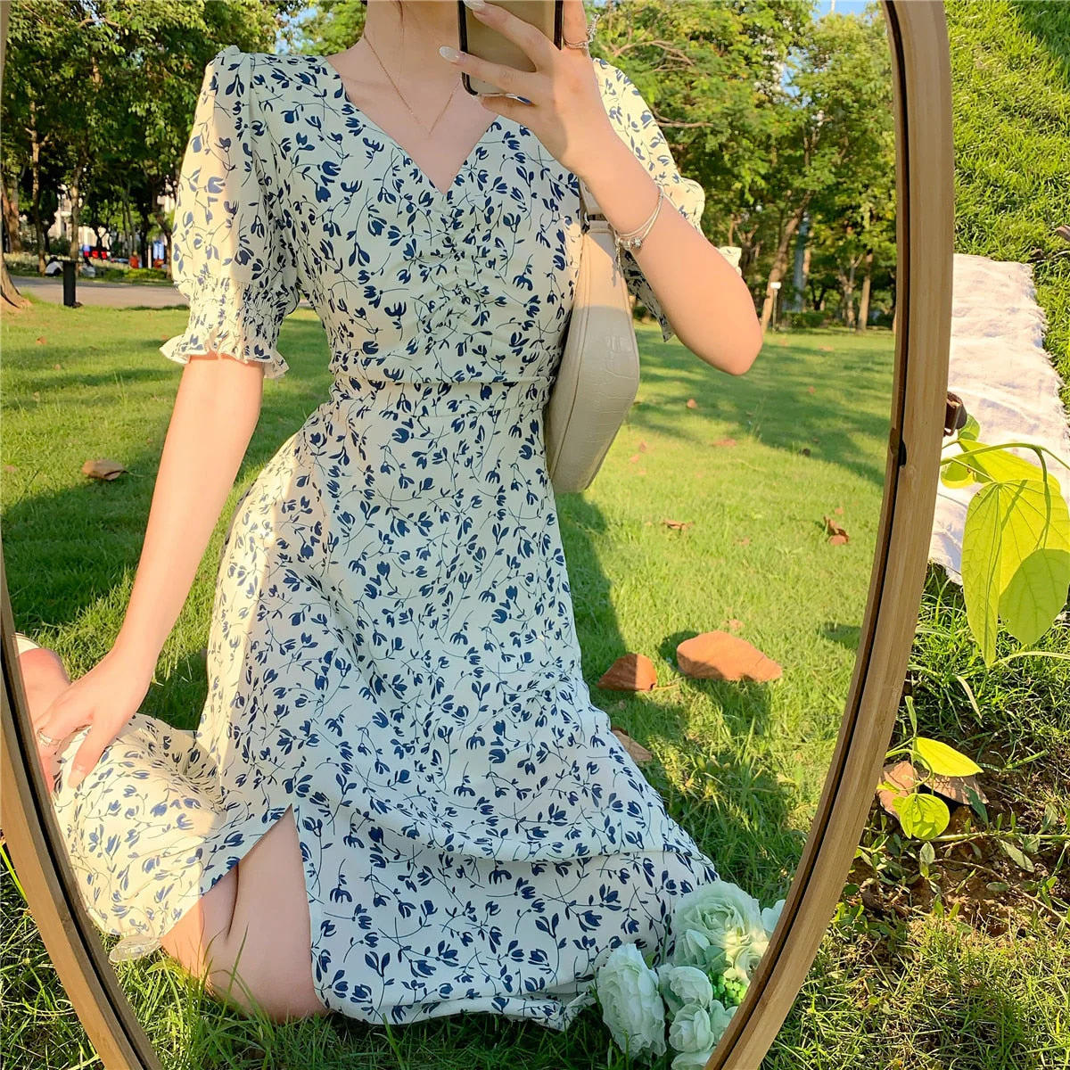 Hulianfu Harajuku Floral Dress for Women Party French Vintage Retro Office Lady Casual Club Mini Sexy Dresses Summer New Clothes - Deanwangkt