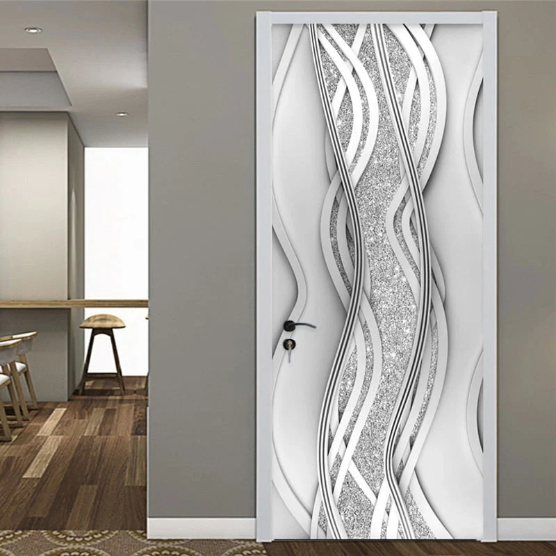 HULIANFU 2026  Modern PVC Door Sticker Self Adhesive Vinyl Silver Water Wave Pattern Waterproof Wall Sticker Home Decor Wallpaper - Deanwangkt