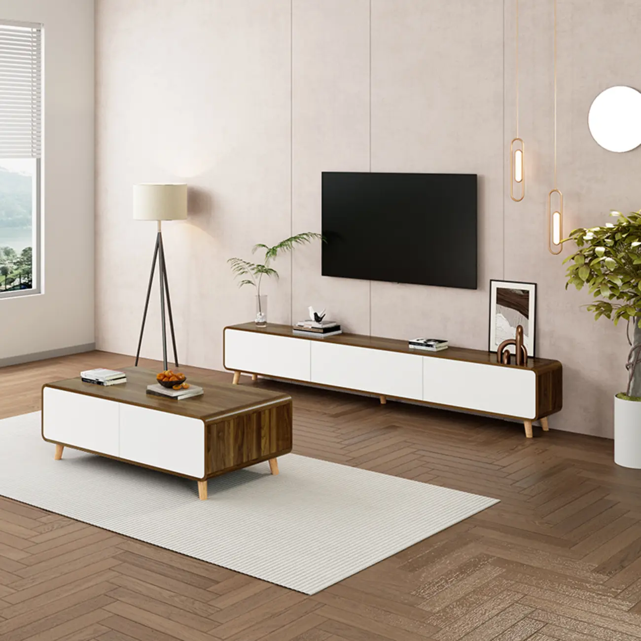 Modern Wood TV Stand with Drawers and Cable Management