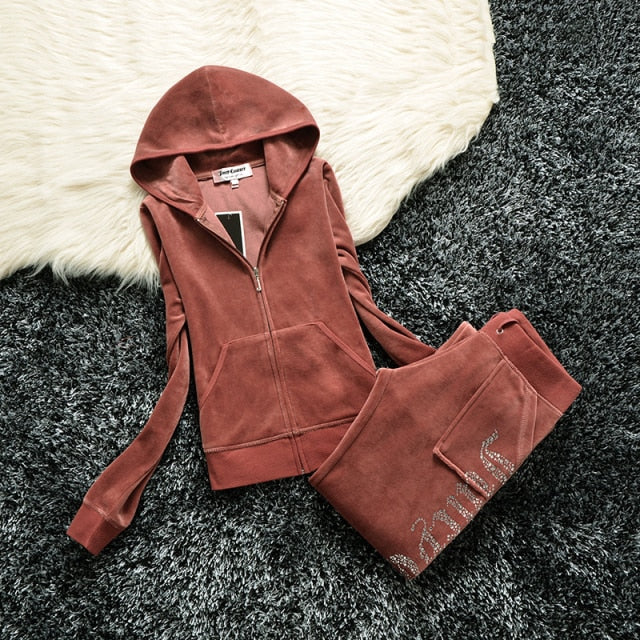 Hulianfu Spring/Fall Women's Brand Velvet Fabric Tracksuits Velour Suit Women Track Suit Hoodies And Pants fat sister sportswear - Deanwangkt