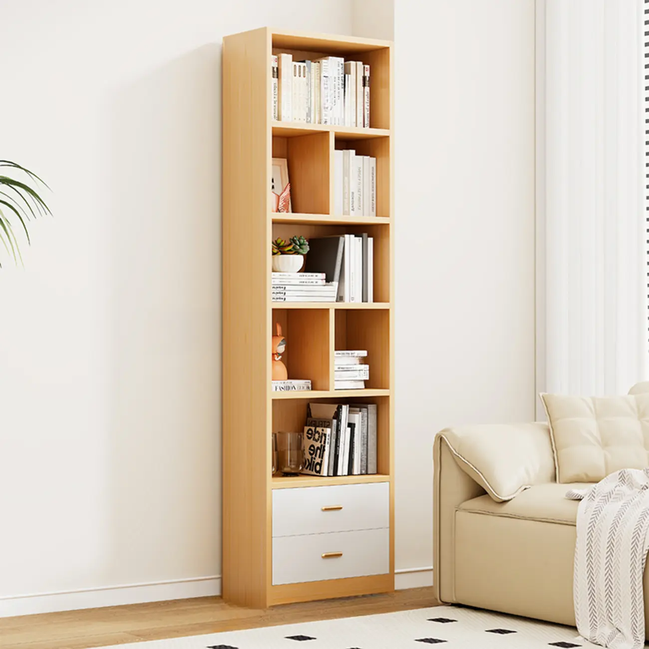 Natural Finish Narrow 6 Shelves Wooden Bookcase with Drawer
