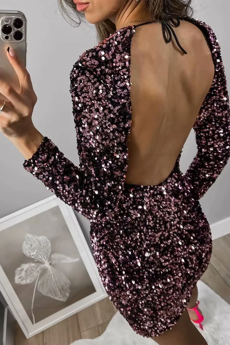 hulianfu Sexy Vintage Solid Sequins Frenulum Backless O Neck Dresses - Deanwangkt