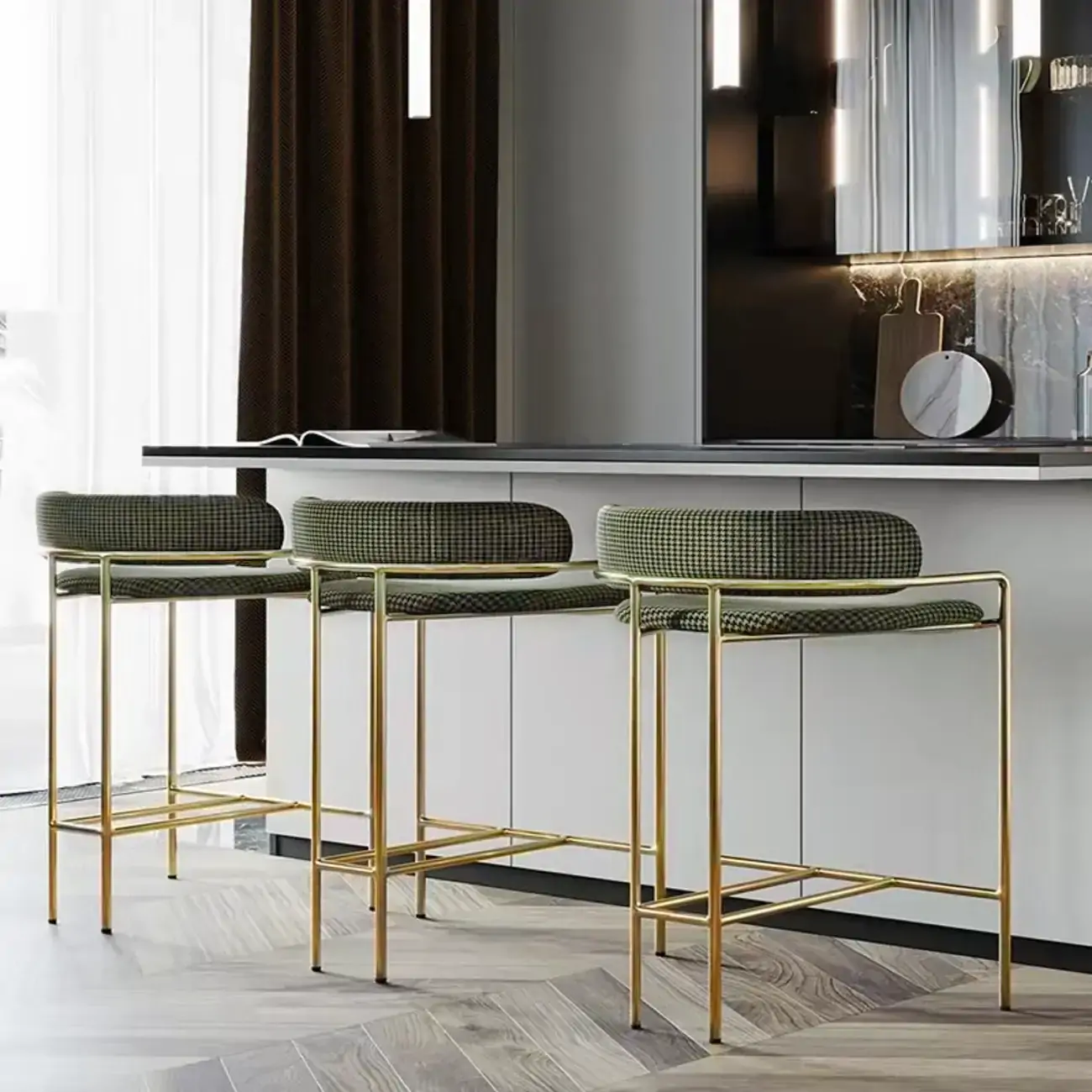 Art Deco Gold Green Cotton Upholstered Bar Stool