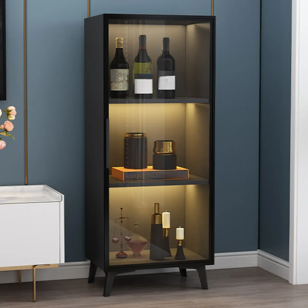 Compact Freestanding Enclosed Wooden Glass Curio Cabinet