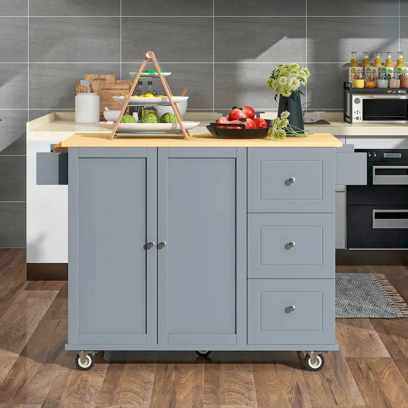 52.7 W Rolling Mobile Kitchen Island with Solid Wood Top and Locking Wheels,Storage Cabinet and Drop Leaf Breakfast Bar