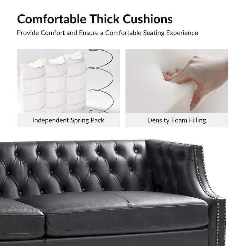 Eugne Transitional Genuine Leather Tufted Design Sofa with Solid Wood Legs by HULALA HOME