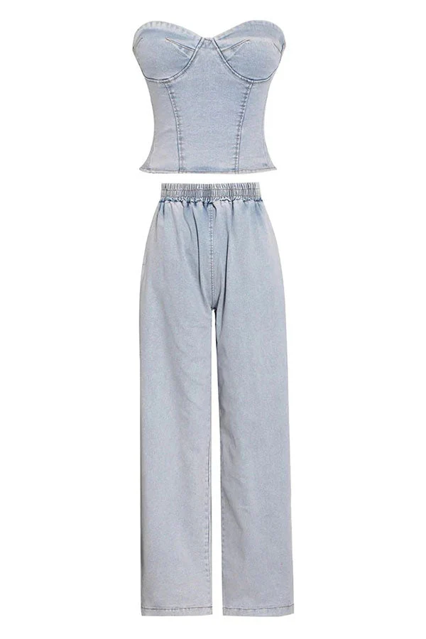hulianfu Denim Girly Bandeau Pant Suit - Deanwangkt