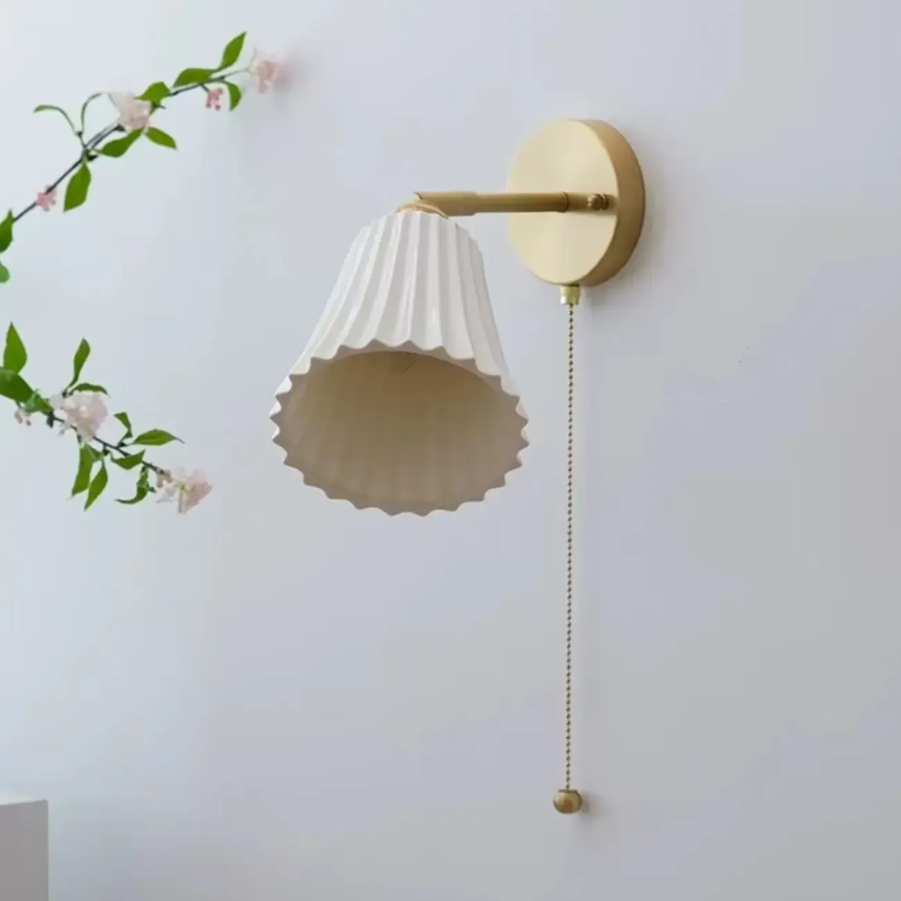 Modern White Wall Sconce with Ceramic Shade and Pull Chain