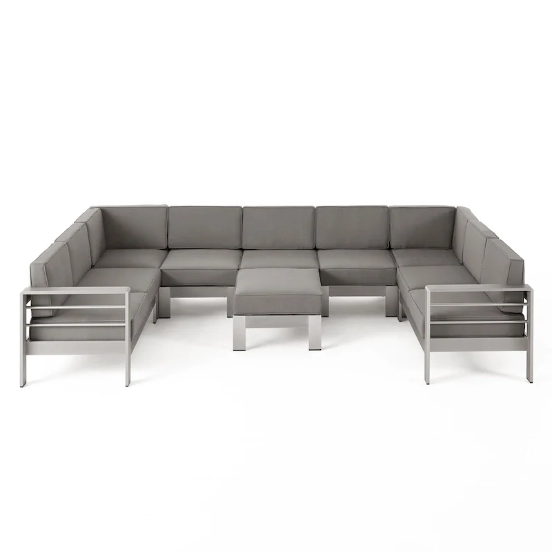 Cape Coral Outdoor Modern 9 Seater Aluminum U-Shaped Sofa Sectional Set with Ottoman by Christopher Knight Home