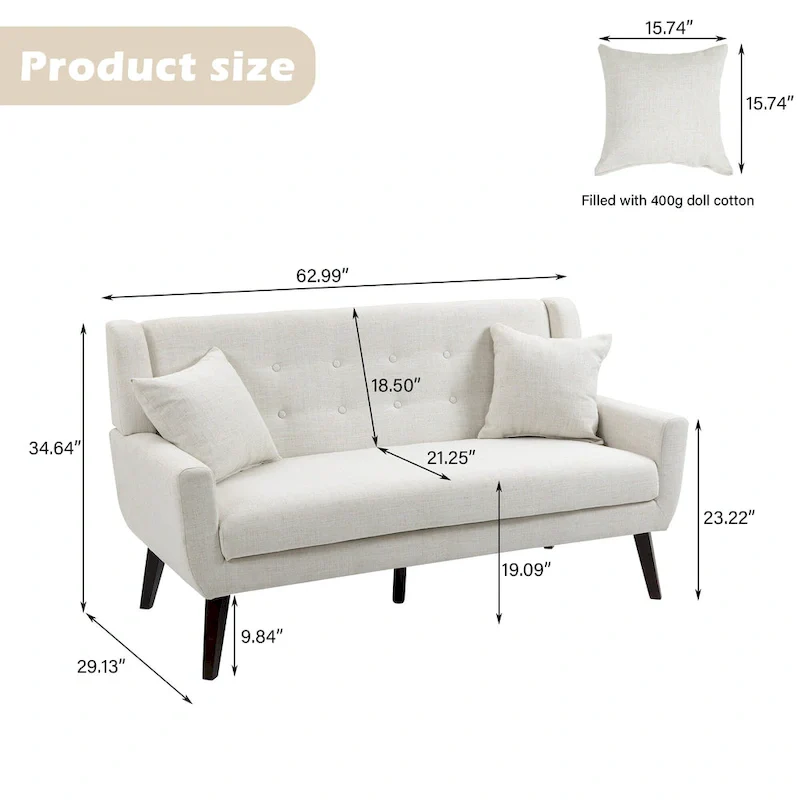 Modern Curved 63 Button Tufted Upholstered Loveseat with 2 Accent Chairs