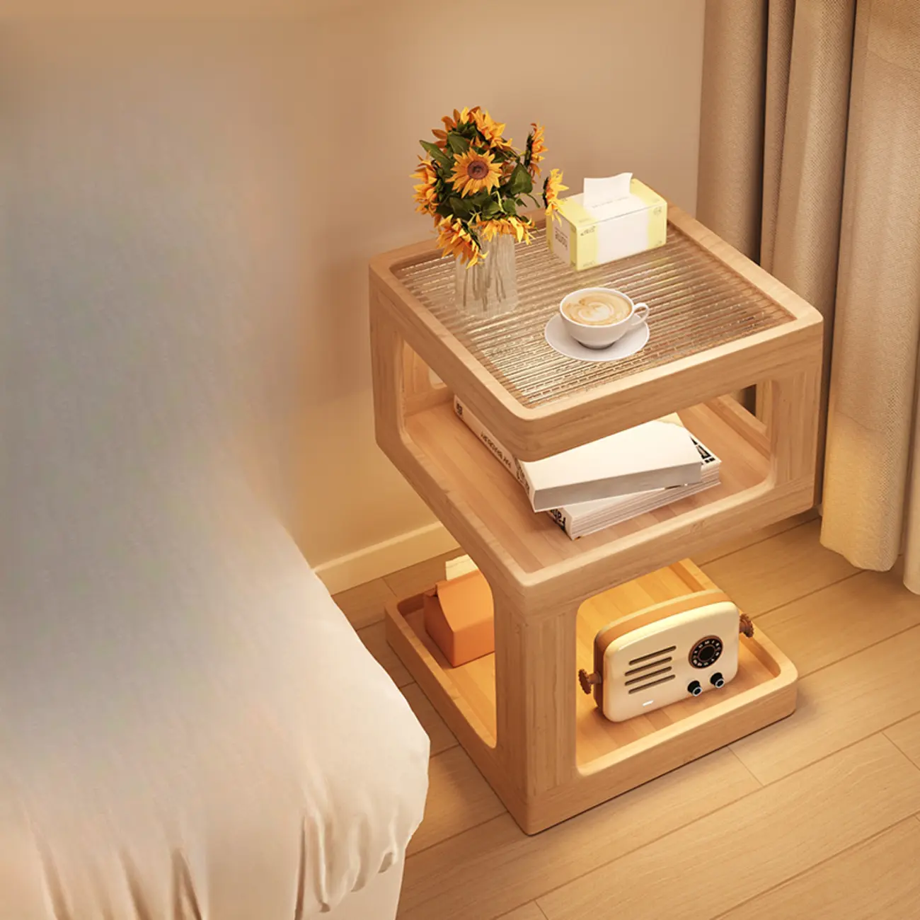 Cubic Glass Top Rubberwood Open Storage Nightstand with Light