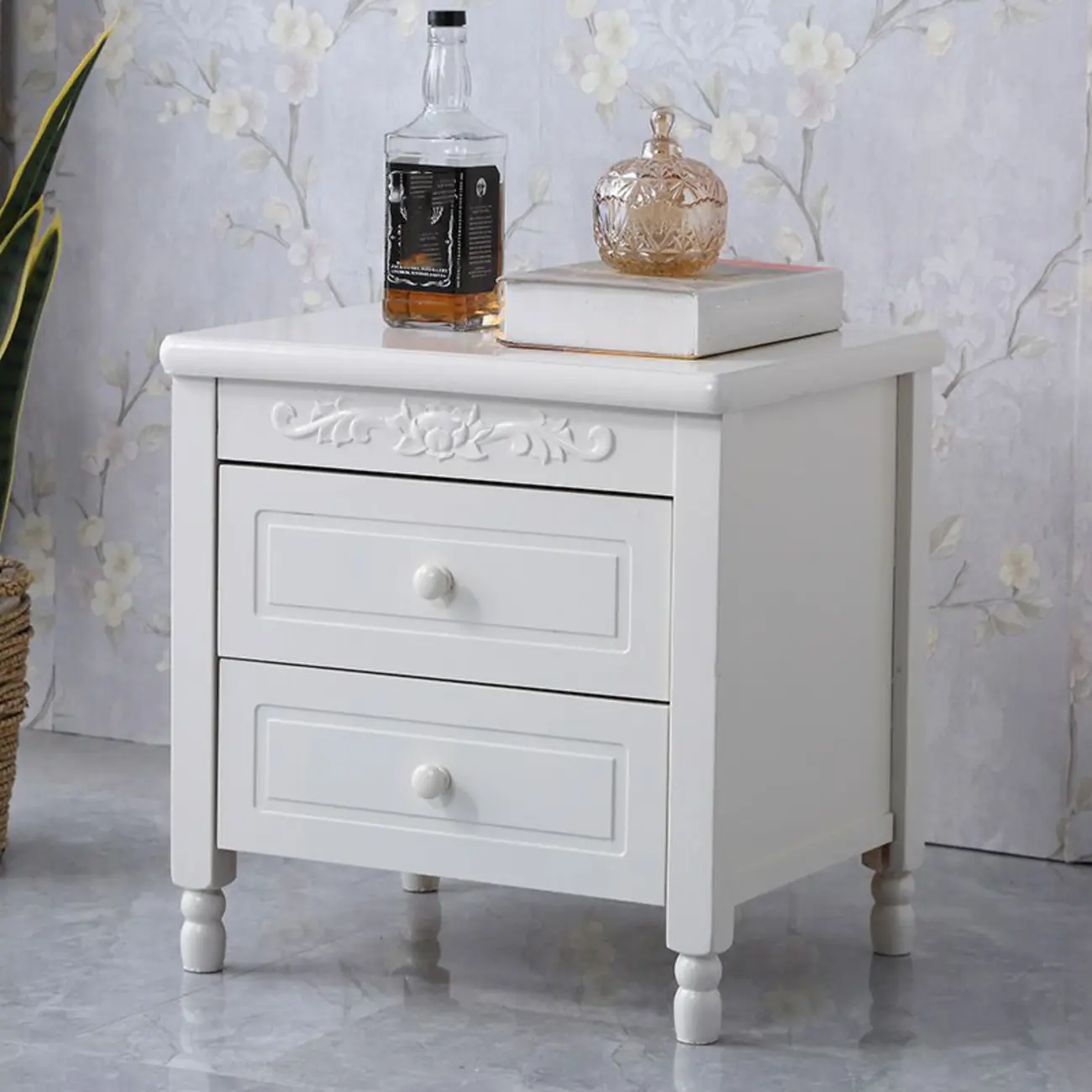 Classic Wood White Carved 2-Drawer Nightstand