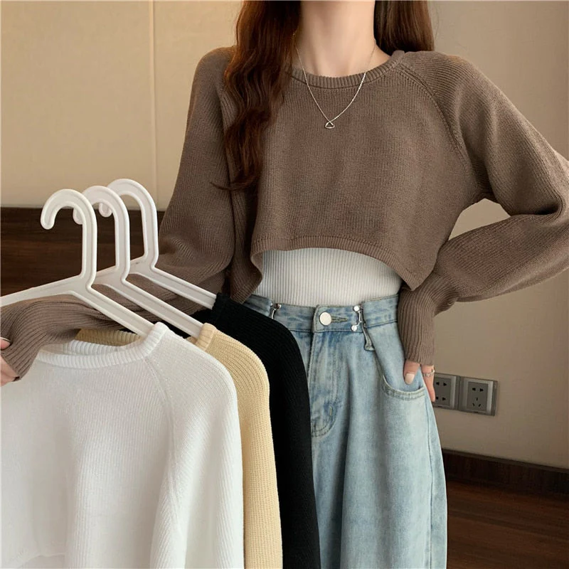 Hulianfu New Autumn Women Solid Sweater O-Neck Loose Sweater Pullover Crop Top Sweaters Shirts Femme Knit Outwear Jumpers - Deanwangkt