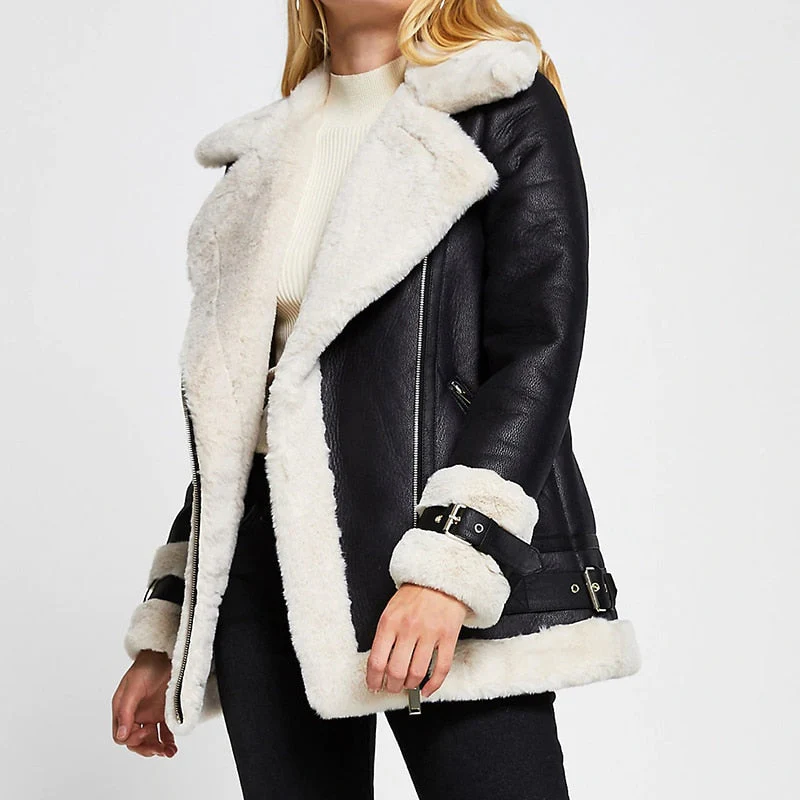 Autumn Winter Coat Women Pu Faux Soft Leather Black White Sheepskin Fur Jacket Female Aviator Outwear Casaco Feminino - Deanwangkt