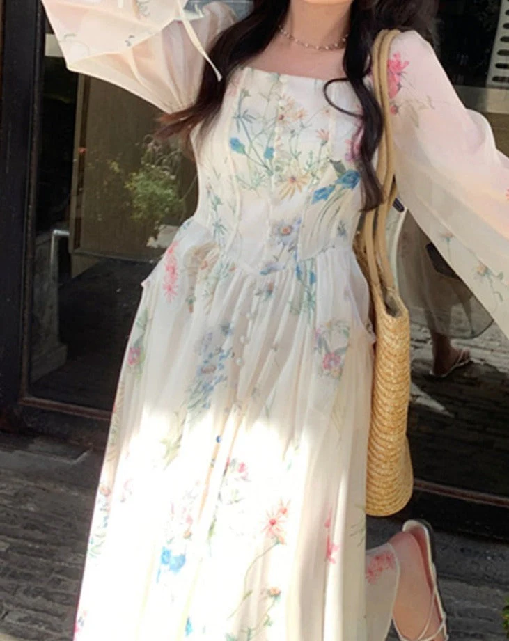 Hulianfu Print Midi Dresses for Women 2026  Fairycore Square Collar Long Sleeve Vintage Dress New Fashion Elegant Party Dresses - Deanwangkt
