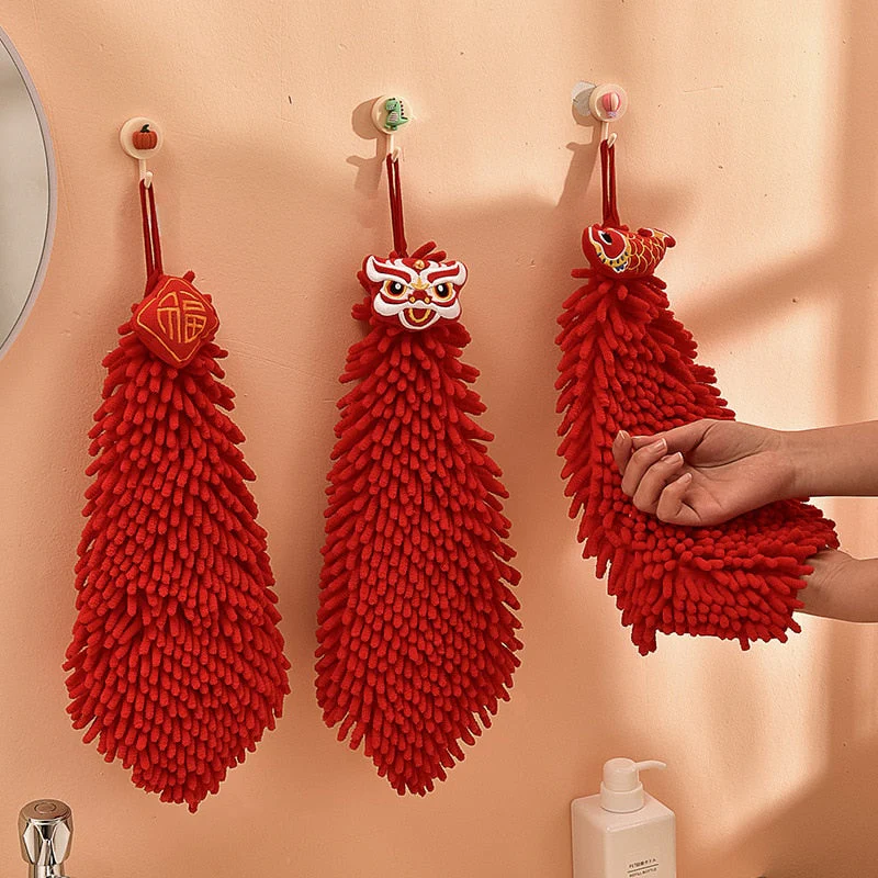 HULIANFU Red Chenille Soft Hand Towel Chinese Style Quick-Dry Absorbent Cartoon Wipe Handkerchief for Home Bathroom Embroidery Towels - Deanwangkt