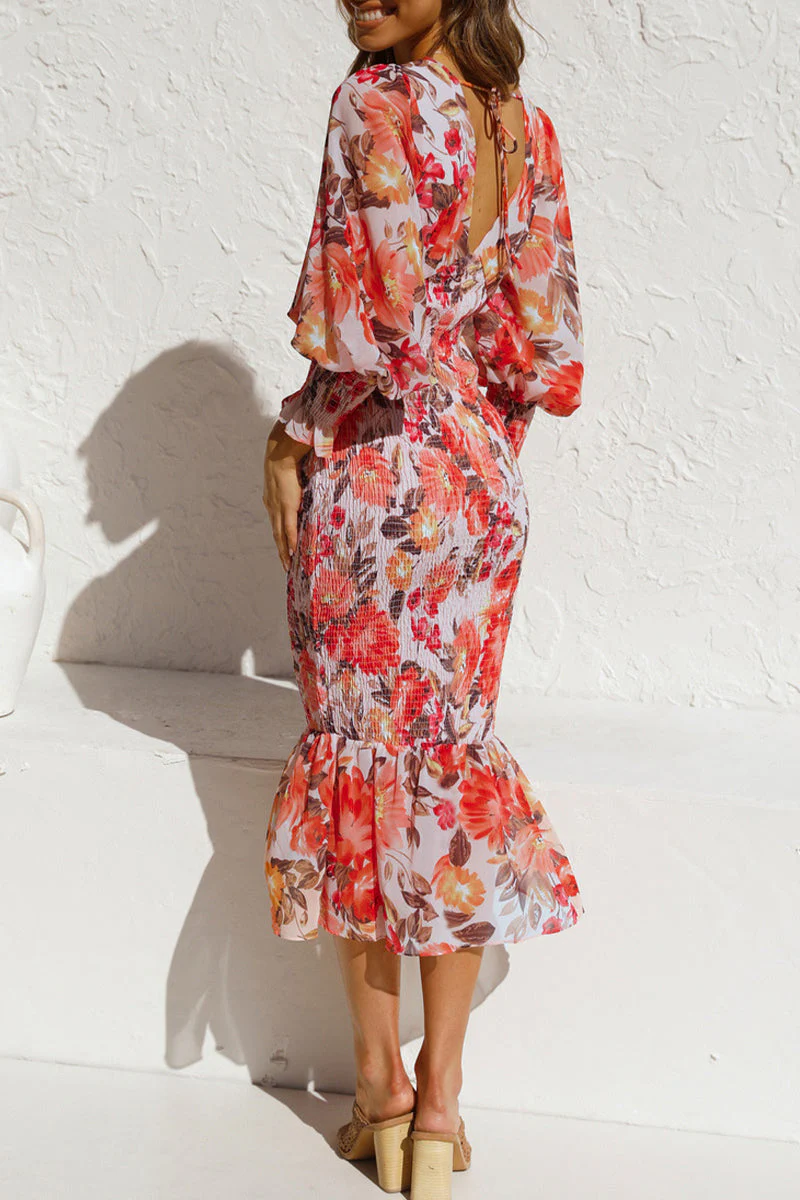 hulianfu Sweet Elegant Print Patchwork V Neck Waist Skirt Dresses(4 Colors) - Deanwangkt