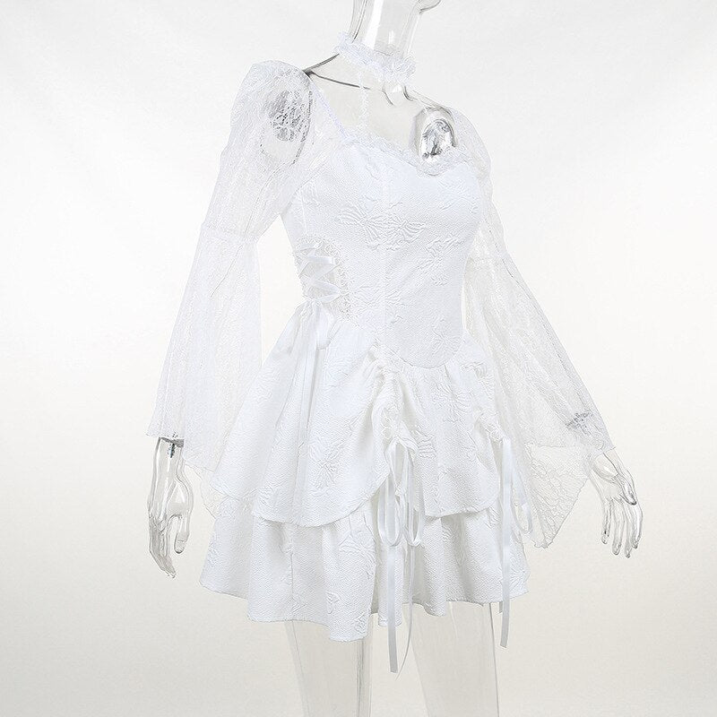 Halter Halloween Cosplay Costumes Gothic Lolita Party Dress White Black Flare Sleeve Fairy Princess Ruffle Cake Kawaii Dresses - Deanwangkt