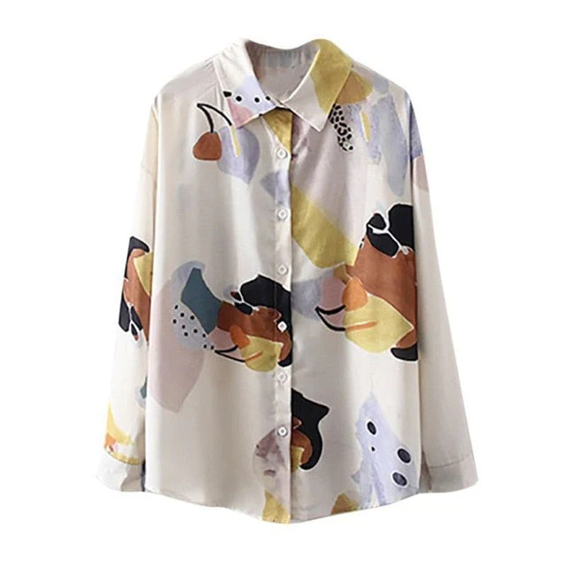 Women Retro Sunflower Print Shirt Oil Painting Print Design Blouse Girl Loose Lapel Tops and Blouses New - Deanwangkt