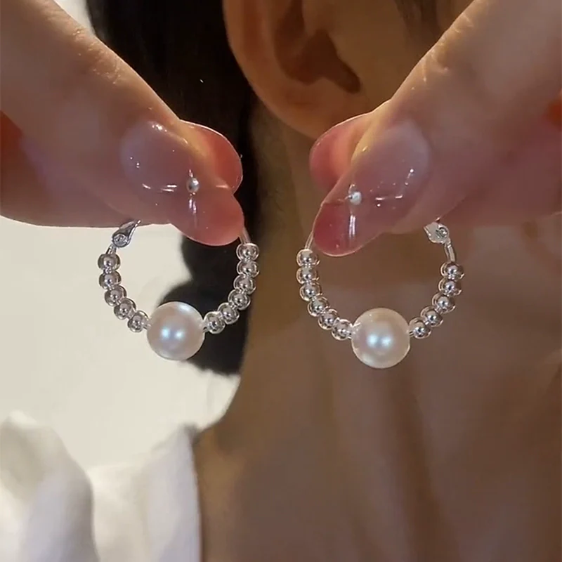 Light luxury pearl broken silver ring earrings 925 silver needle high-end temperament earrings ear buckles show face thin ear jewelry - Deanwangkt