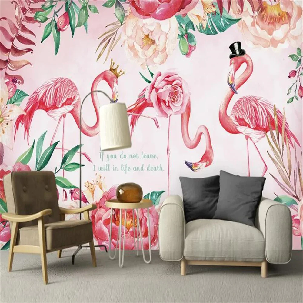 HULIANFU milofi factory custom wallpaper mural 3d nordic flamingo flower plant background wallpaper mural - Deanwangkt