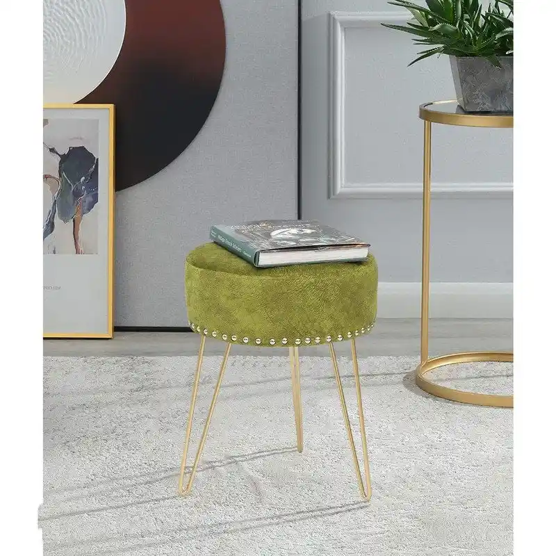 Adeco Round Footstool Ottoman Velvet Dressing Stool Gold Metal Legs