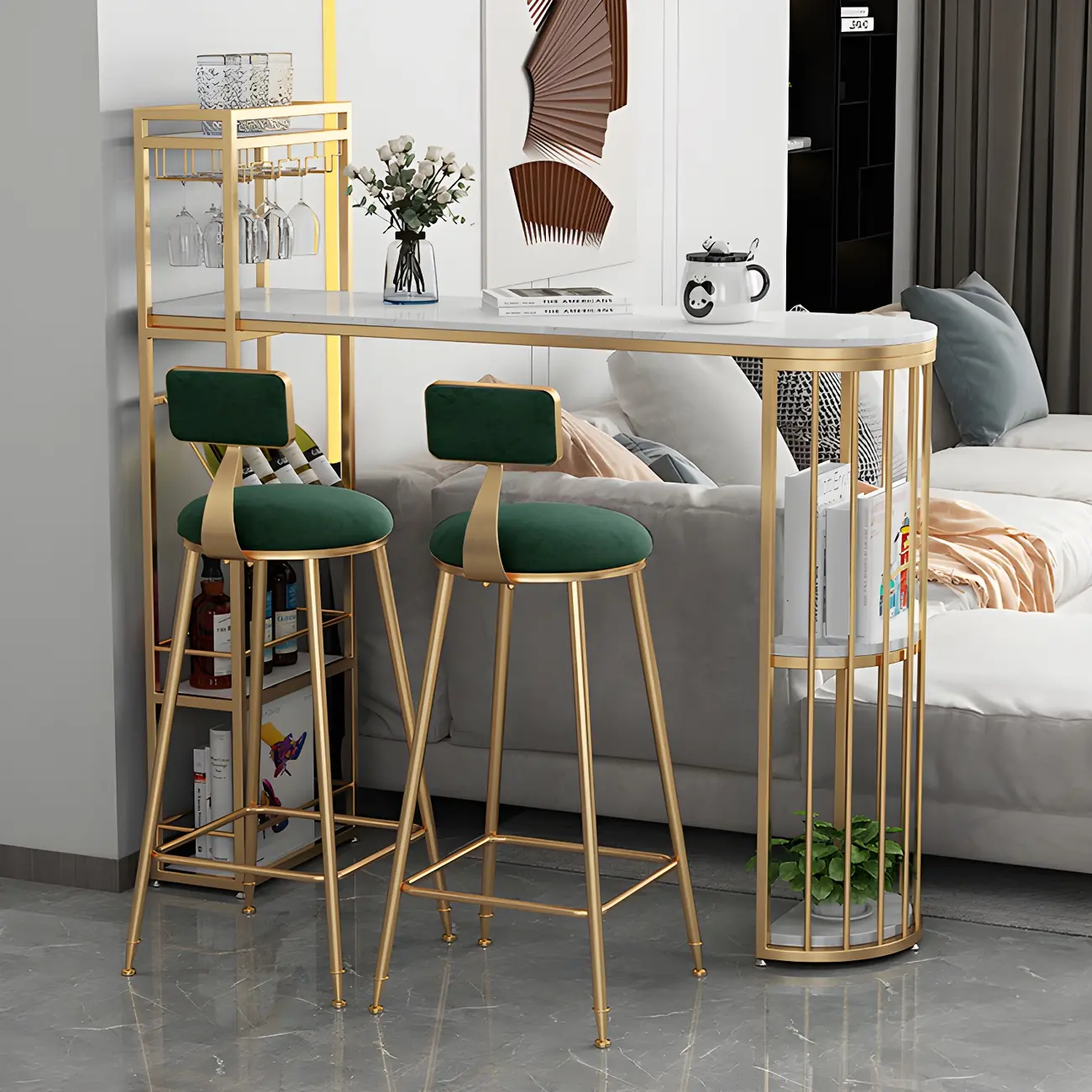 Glam Gold Faux Marble Iron Wine Holder Bar Tables