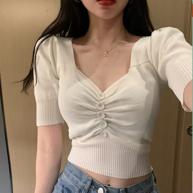 Hulianfu Vintage Puff Short Sleeve V-neck Knitted T-shirts With Decorated Buttons Girls Solid Stretchy Crop Tops Thin Knitwear For Women - Deanwangkt