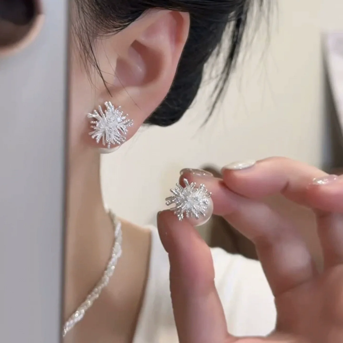 925 silver needle earrings silver dandelion fireworks pearl stud earrings new popular high-end temperament earrings women - Deanwangkt