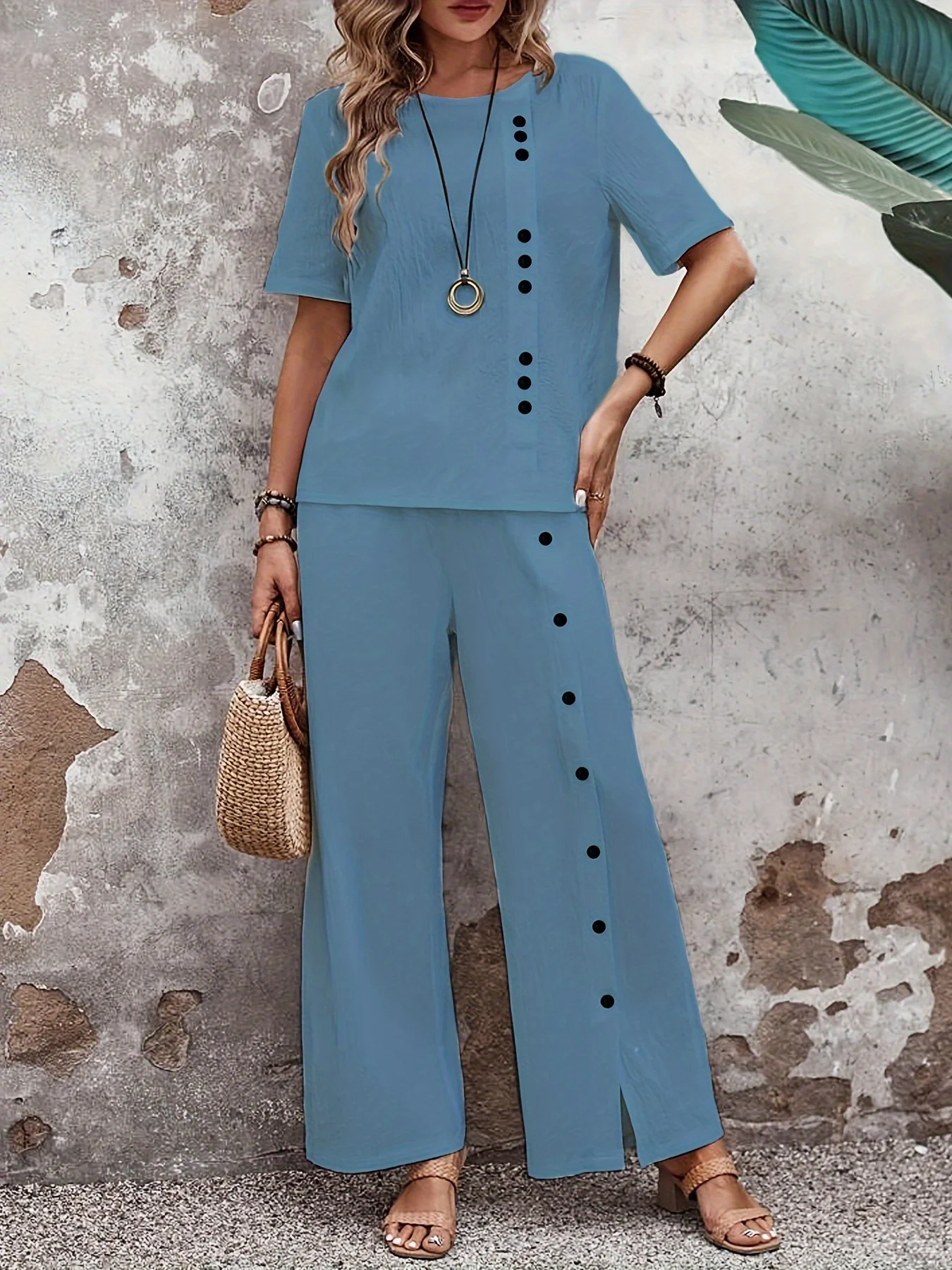 Two-Piece Elegant Crew Neck Short Sleeve Top and Split Wide Leg Pants Set - Soft Micro Elastic Polyester Fabric, Solid Color, and Classic Style for Spring/Summer - Womens Clothing Outfit - Deanwangkt