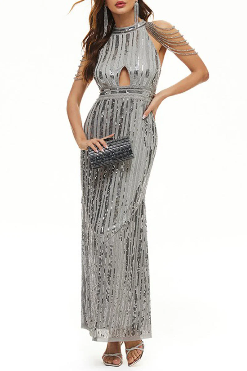 hulianfu Celebrities Elegant Solid Sequins Patchwork O Neck Evening Dress Dresses - Deanwangkt