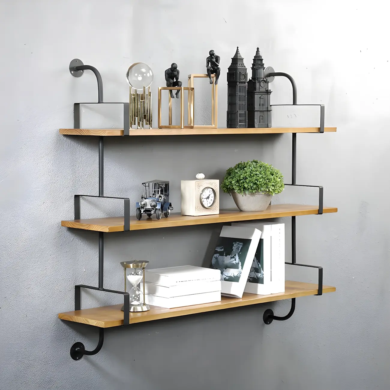 Simple 2-Tier Wood Metal Wall-Mounted Bookcase