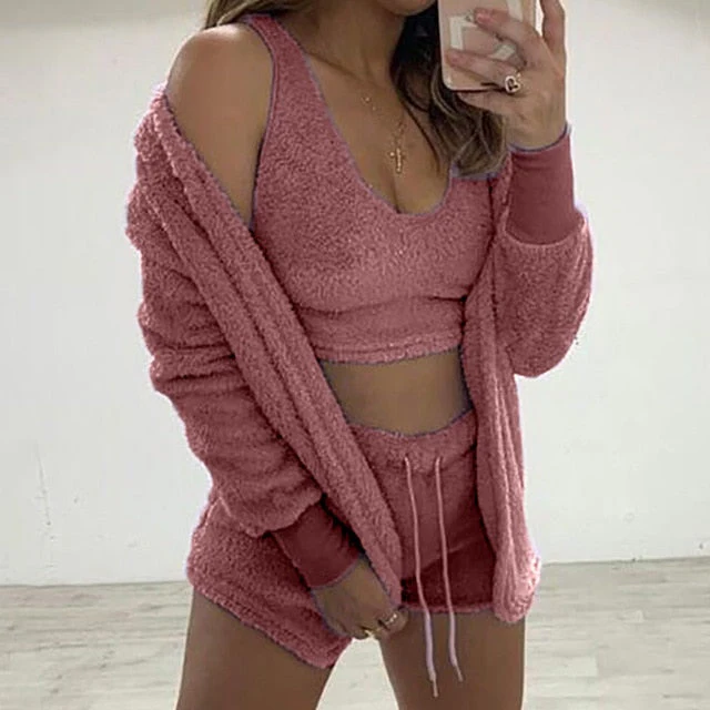 Three Piece Sexy Fluffy Outfits Plush Velvet Hooded Cardigan Coat+Shorts+Crop Top Women Tracksuit Sets Casual Sports Sweatshirt - Deanwangkt
