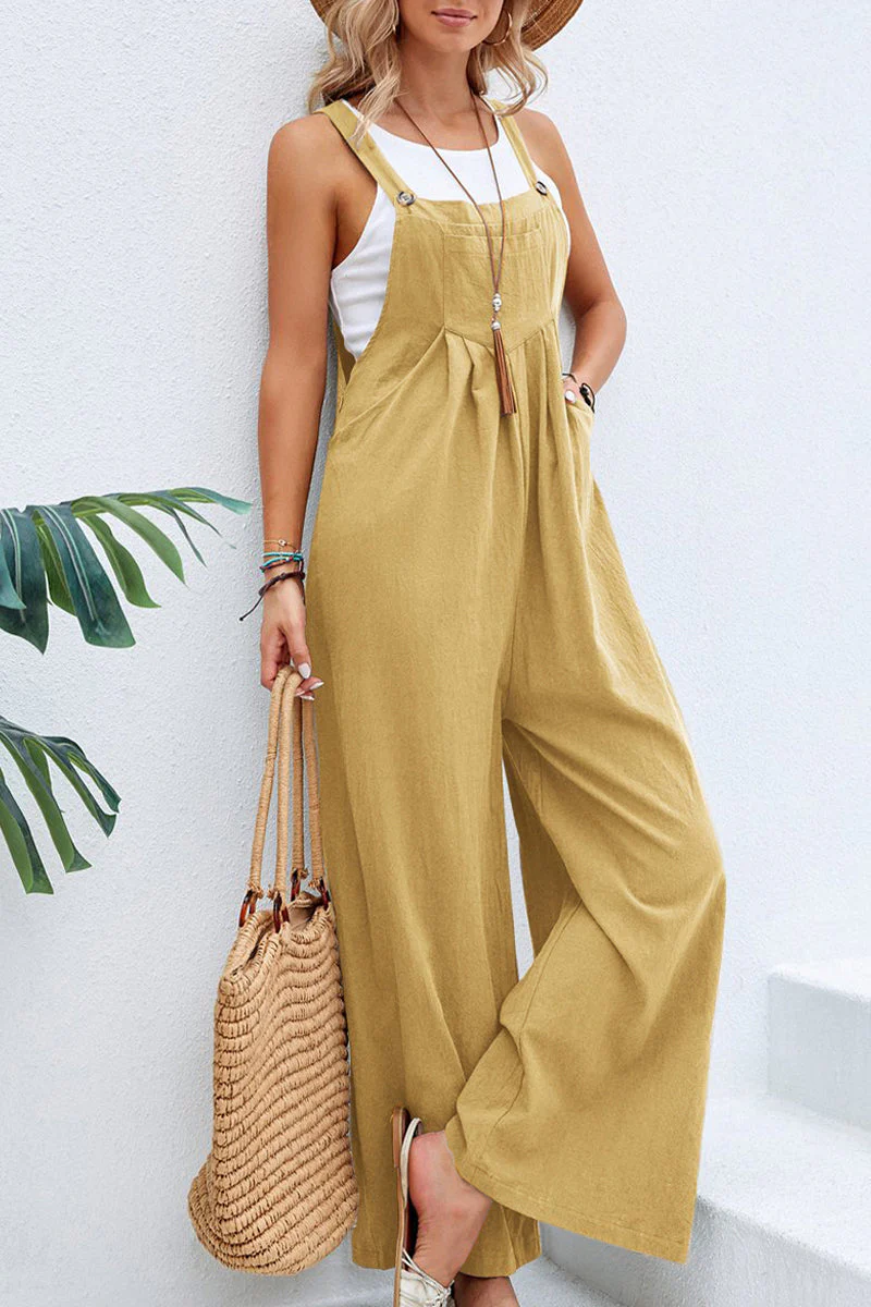 hulianfu Casual Vacation Solid Buttons Square Collar Loose Jumpsuits(10 Colors) - Deanwangkt