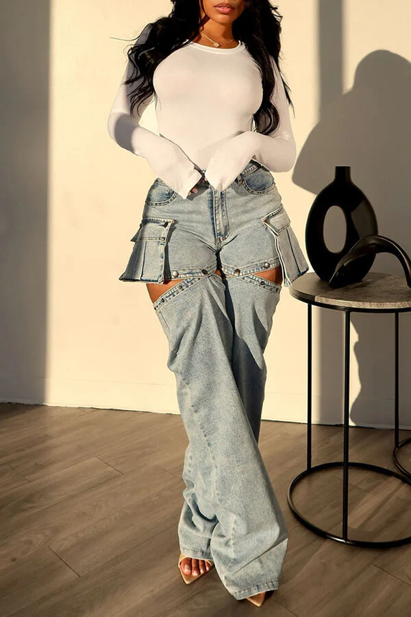hulianfu Blue High Waist Boyish Splicing Jeans - Deanwangkt