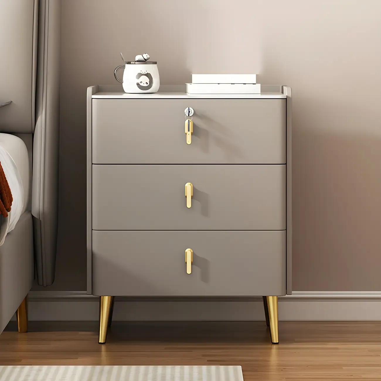 Modern Faux Leather 3 Drawers Nightstand with Stone Top