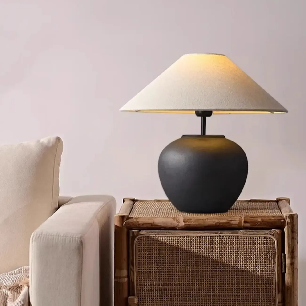 White Ceramic LED Table Lamp with Fabric Shade