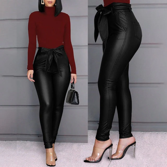 Spring Women Pu Leather Pants Black Sexy Stretch Bodycon Trousers High Waist Long Casual Pencil S-3XL Winter - Deanwangkt