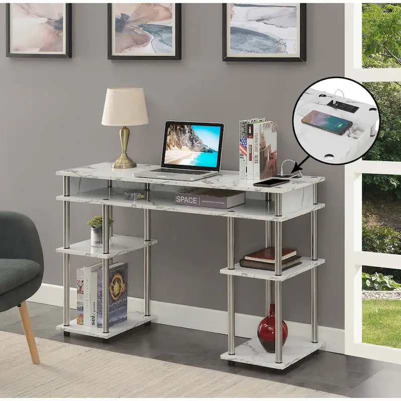 Convenience Concepts Designs2Go No Tools Student Desk with Charging Station and Shelves