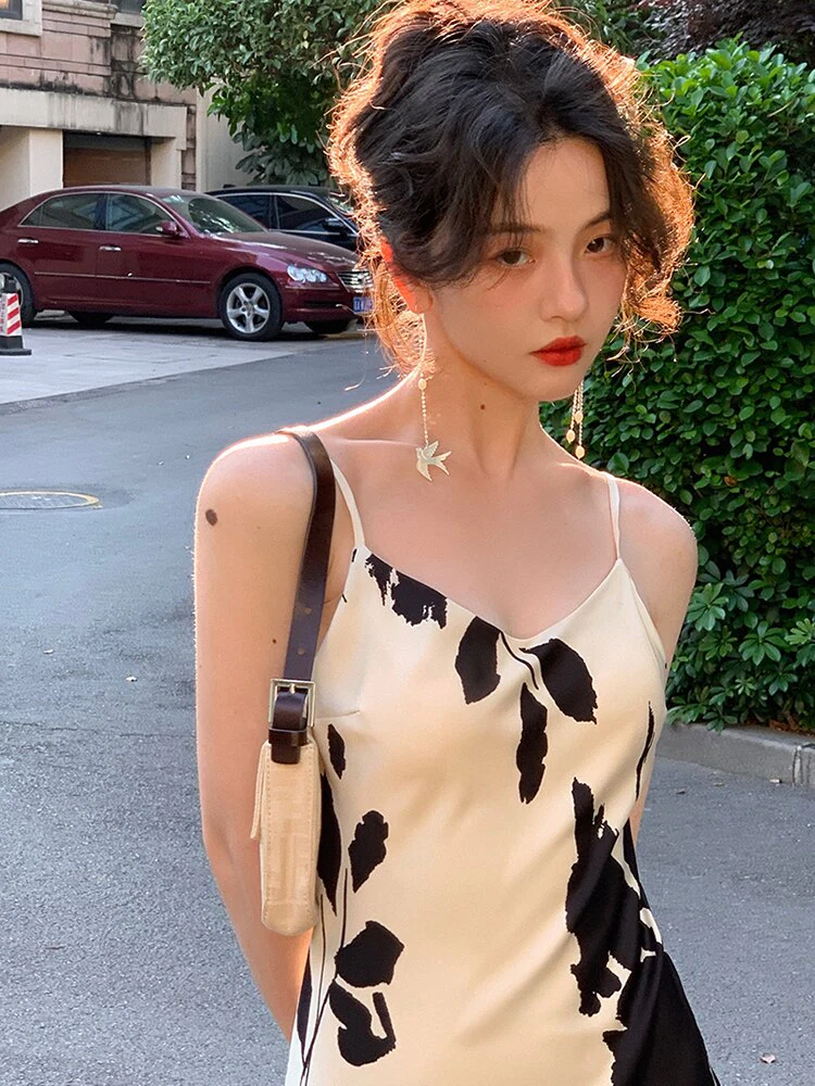 Hulianfu Vintage Elegant Print Spaghetti Strap Midi Dress for Women Party Fashion One Piece Bodycon Prom Robe Vestidos Summer Korean - Deanwangkt