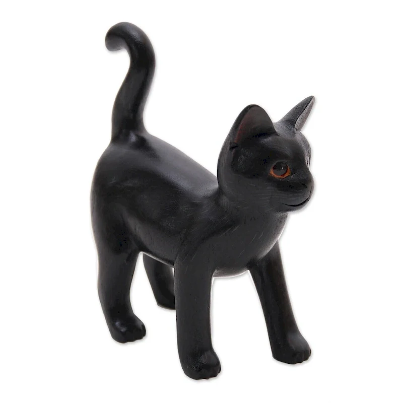 Handmade Curious Kitten In Black Wood Sculpture (Indonesia) - 7.25  H x 6.25  W x 3  D
