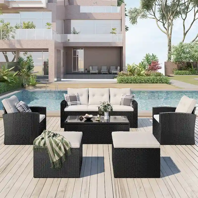 6-Piece Outdoor Patio Furniture Sets Wicker Rattan Sectional Couch Sofa Set with Coffee Table