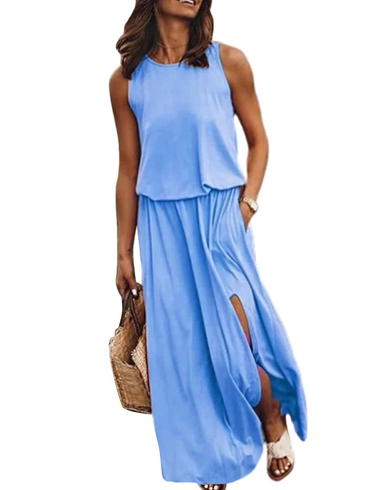 hulianfu Summer Solid Long Dress Women Casual Sleeveless Elastic Waist Side Slit Maxi Dresses Female O-Neck Loose Tank Dress Sundress - Deanwangkt