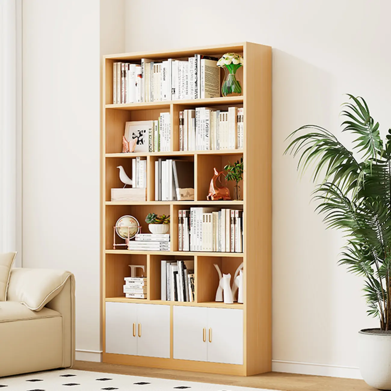 Natural Finish Narrow 6 Shelves Wooden Bookcase with Drawer