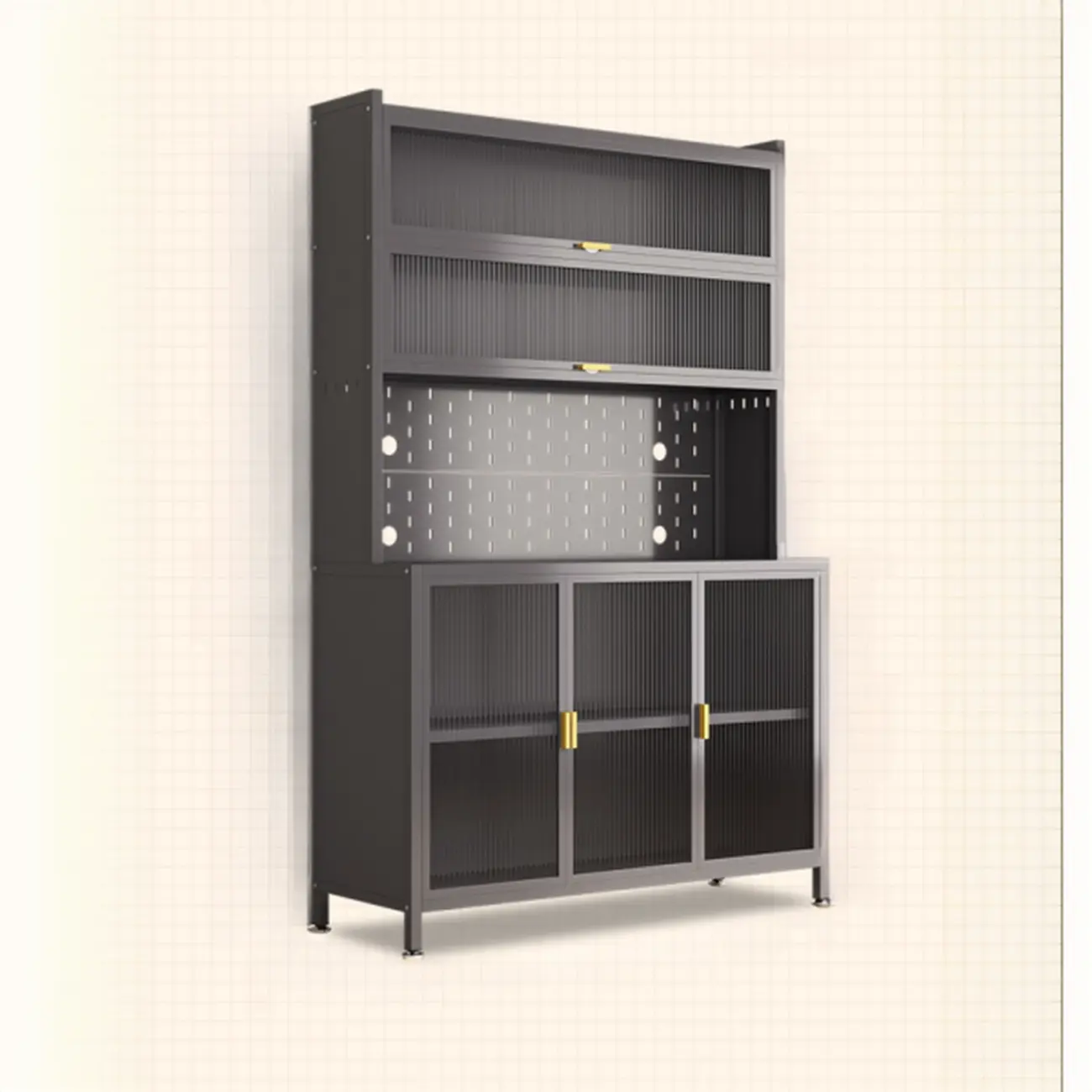 Modern Steel Multi-Shelf Sideboard with Pegboard Back