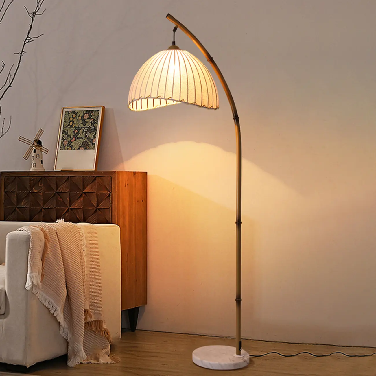 Modern Fabric Dome Metal Arc Floor Lamp Plug-In for Living Room