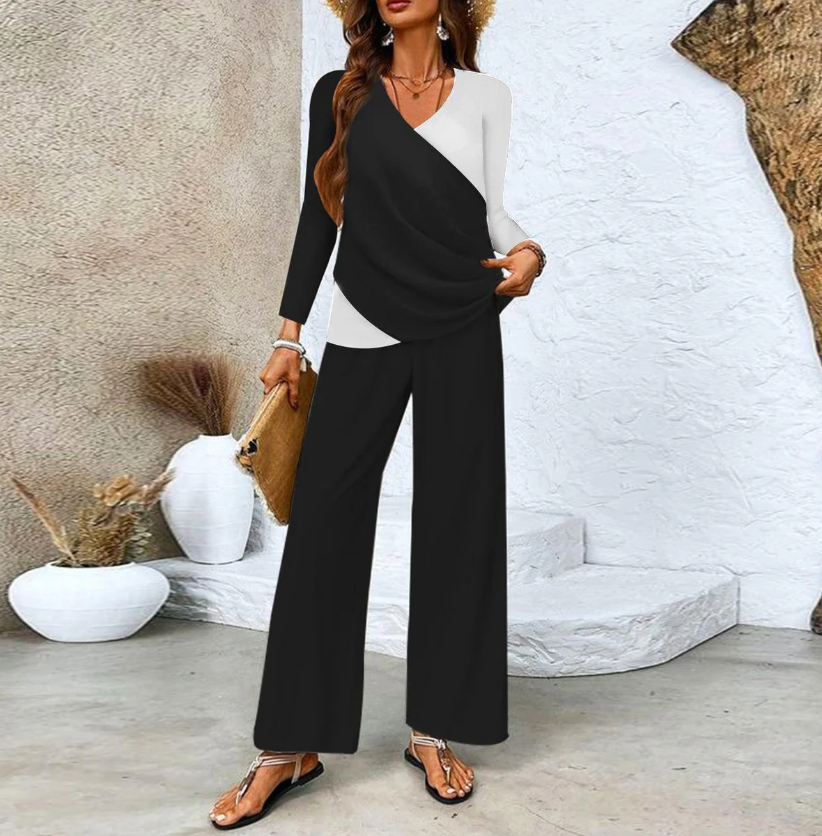 Black And White Color Block Two Piece Set