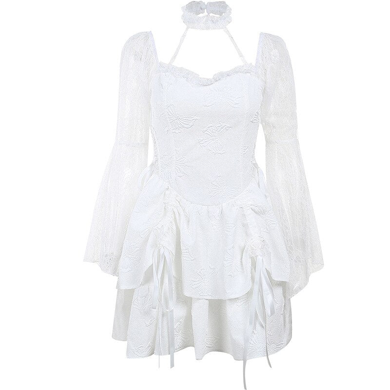 Halter Halloween Cosplay Costumes Gothic Lolita Party Dress White Black Flare Sleeve Fairy Princess Ruffle Cake Kawaii Dresses - Deanwangkt